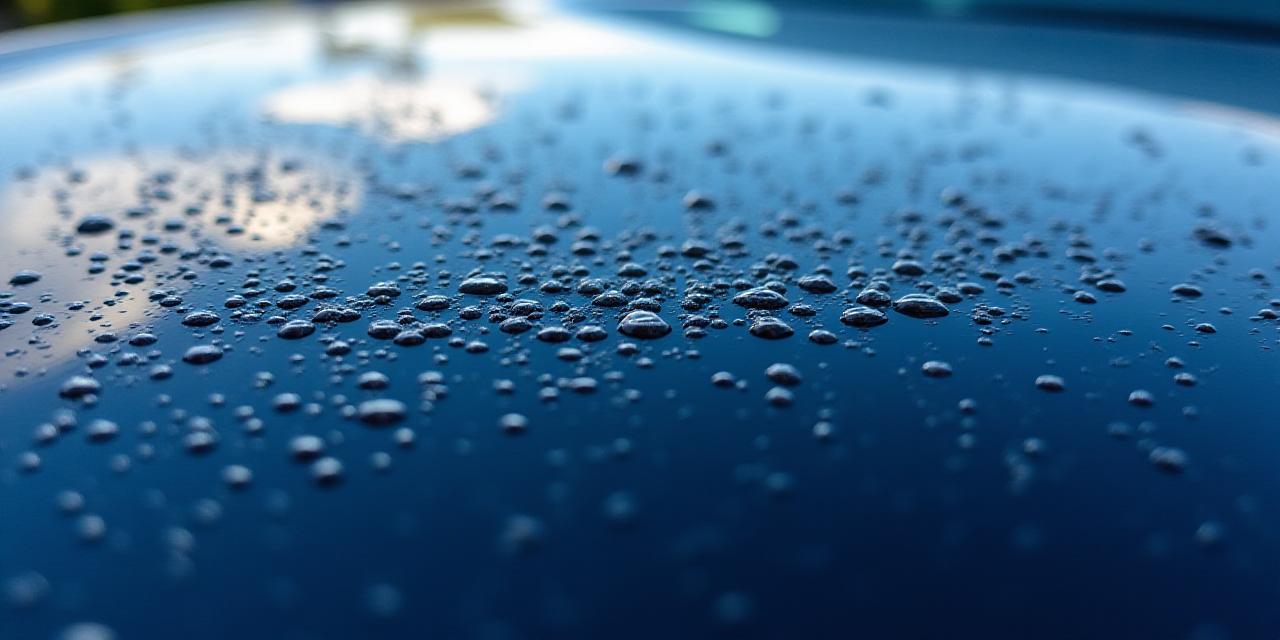 Close up of water droplets on a ceramic coated car surface with lush green background